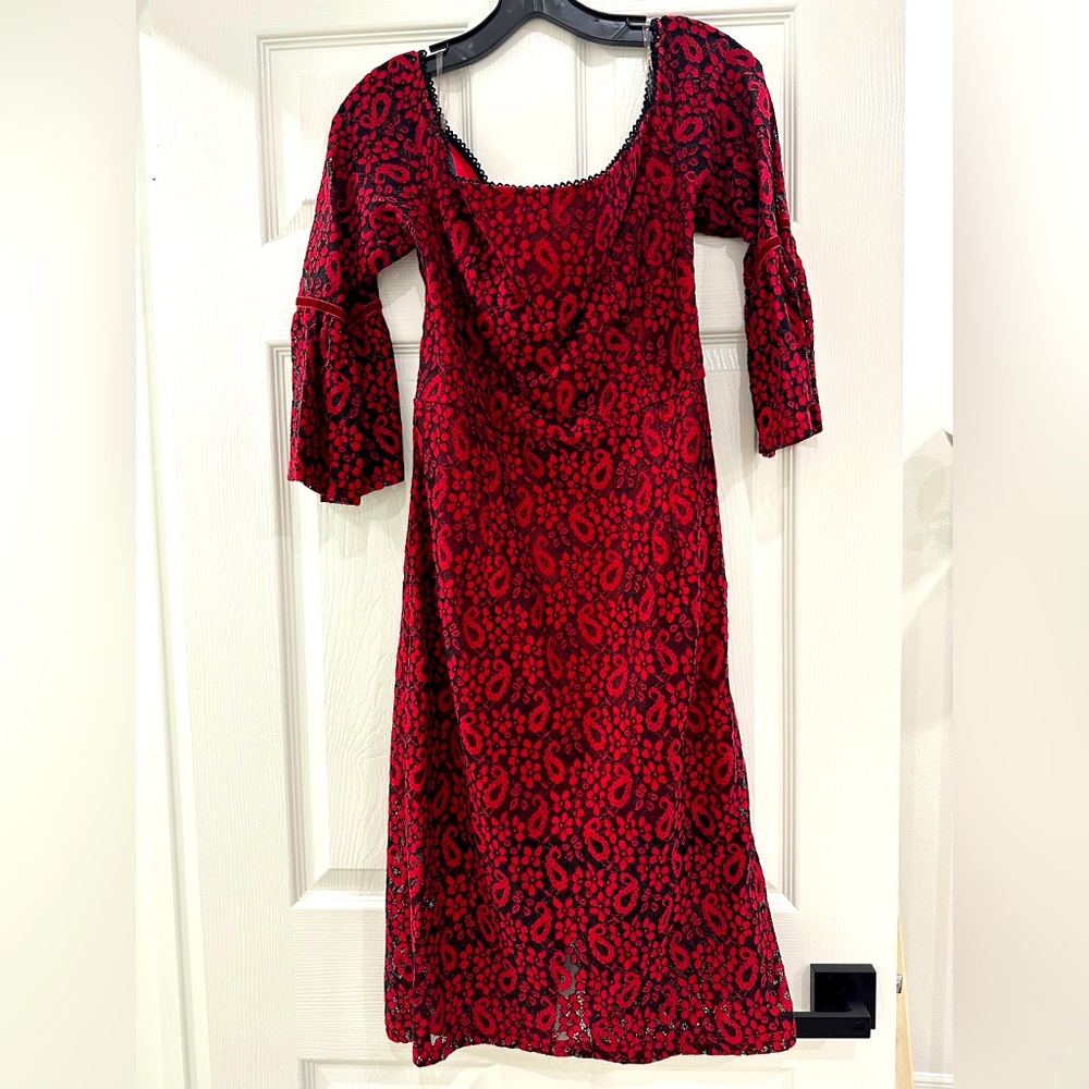 Black and Red Lace Overlay Dress - Size 16